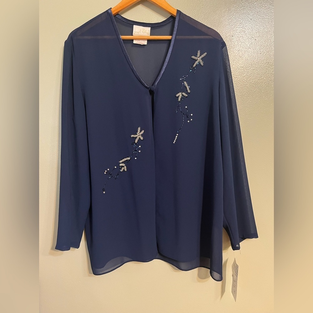 Joseph Ribkoff Blue Blouse with Elegant Design Sequined 1  Button Sheer 16 NWT